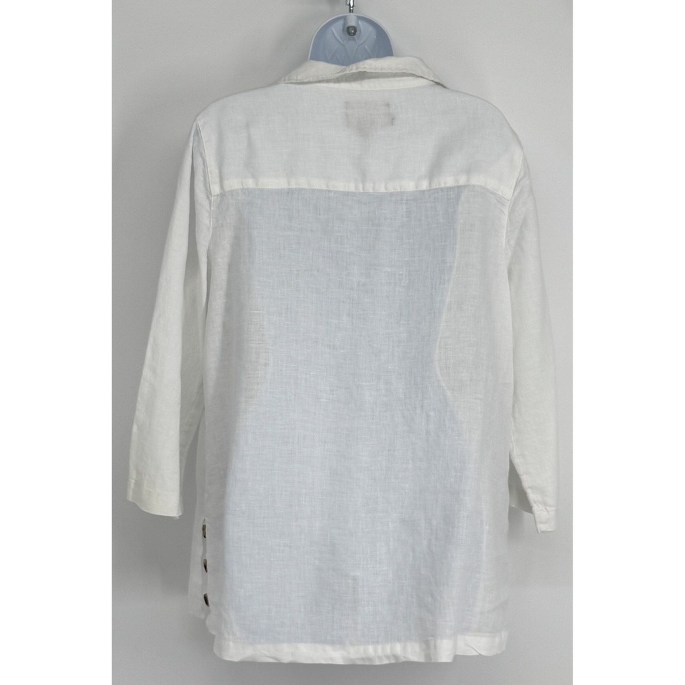 TAHARI Women White Linen 3/4 Sleeve Collared Pullover Top Size L Lagen Beach - Picture 3 of 7